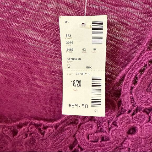 Avenue Boho Peasant Top Raspberry Crochet Trim Scoop Neck Smocked Waist, 18/20 - Picture 5 of 9